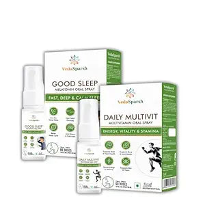 VedaSparsh Daily Multivit Multivitamin Oral Spray, 40 ml, 60 Doses Orange Flavour with Good Sleep Melatonin Oral Spray, 40 ml, 60 Doses, Mint Flavour