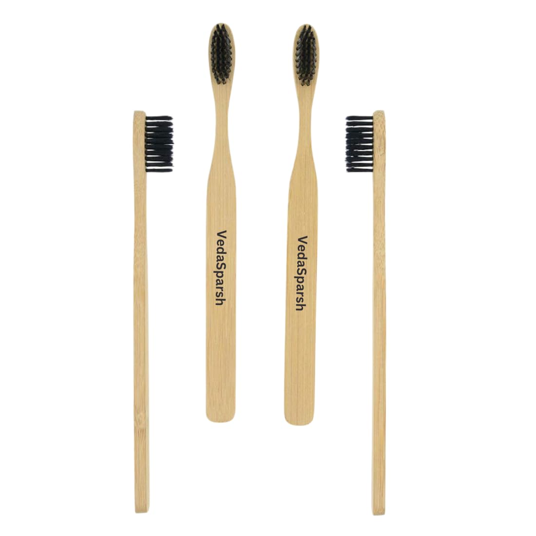 VedaSparsh Bamboo Toothbrushes, Charcoal Soft Bristles, Flat Handle, Pack of 4, Better Grip, BPA Free, for Adults & Kids, Nylon Free, Organic Natural, Antibacterial & Biodegradable
