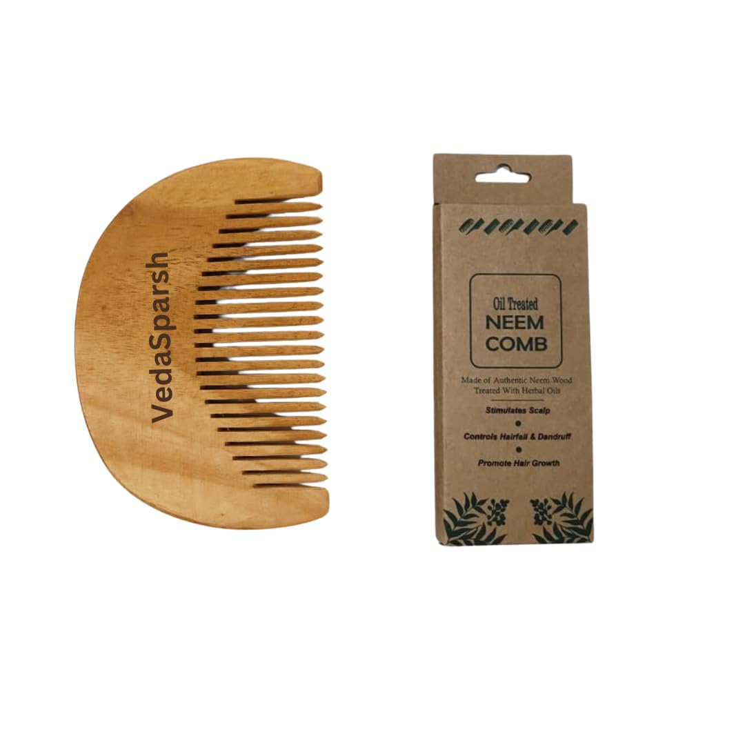 VedaSparsh-Nature's Secret Kachhi Neem Comb Treated with Neem Oil, Bhringraj & Soaked in 18 Other Hair Health Herbs- Set of 6- For both Men & Women-Dandruff & Itchiness Control, Induces Good Sleep