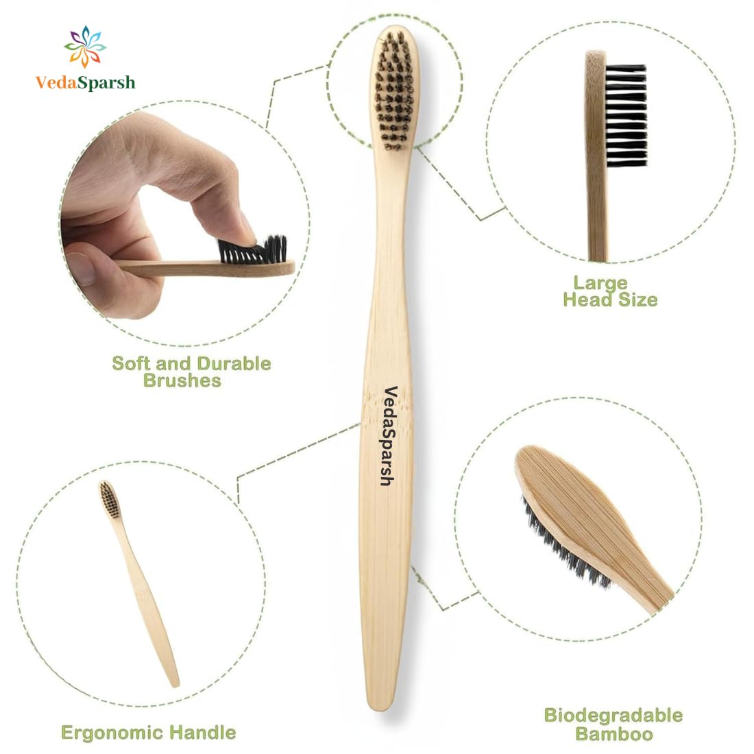 VedaSparsh Bamboo Toothbrushes, Charcoal Soft Bristles, Flat Handle, Pack of 4, Better Grip, BPA Free, for Adults & Kids, Nylon Free, Organic Natural, Antibacterial & Biodegradable