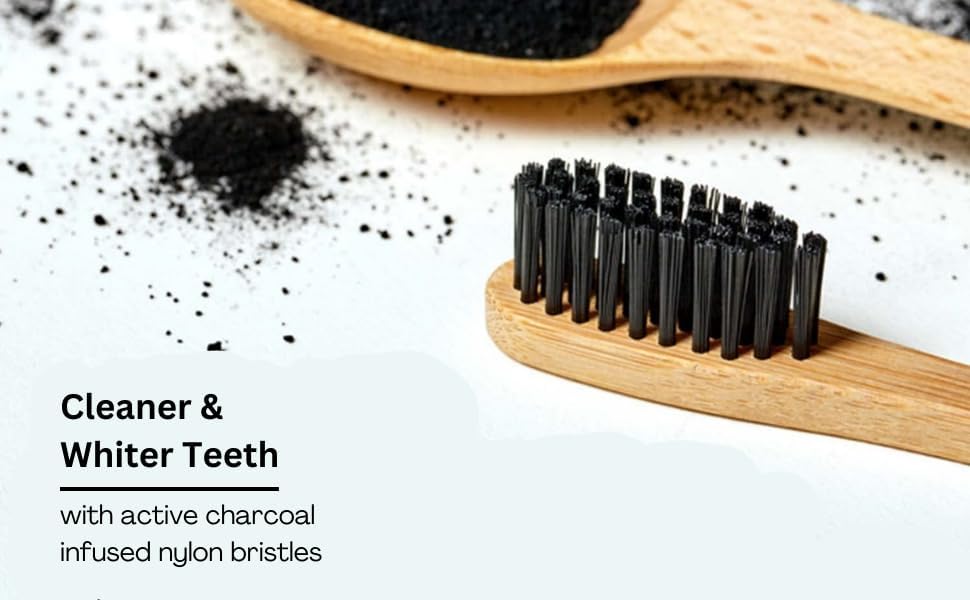 VedaSparsh Bamboo Charcoal Toothbrushes, Soft C Curve Bristles, Pack of 2, Wooden, Organic, Antibacterial, Biodegradable, BPA & Nylon Free