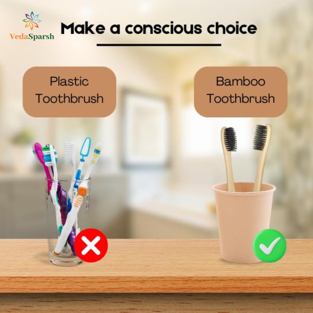 VedaSparsh Bamboo Toothbrushes, Charcoal Soft Bristles, Flat Handle, Pack of 4, Better Grip, BPA Free, for Adults & Kids, Nylon Free, Organic Natural, Antibacterial & Biodegradable