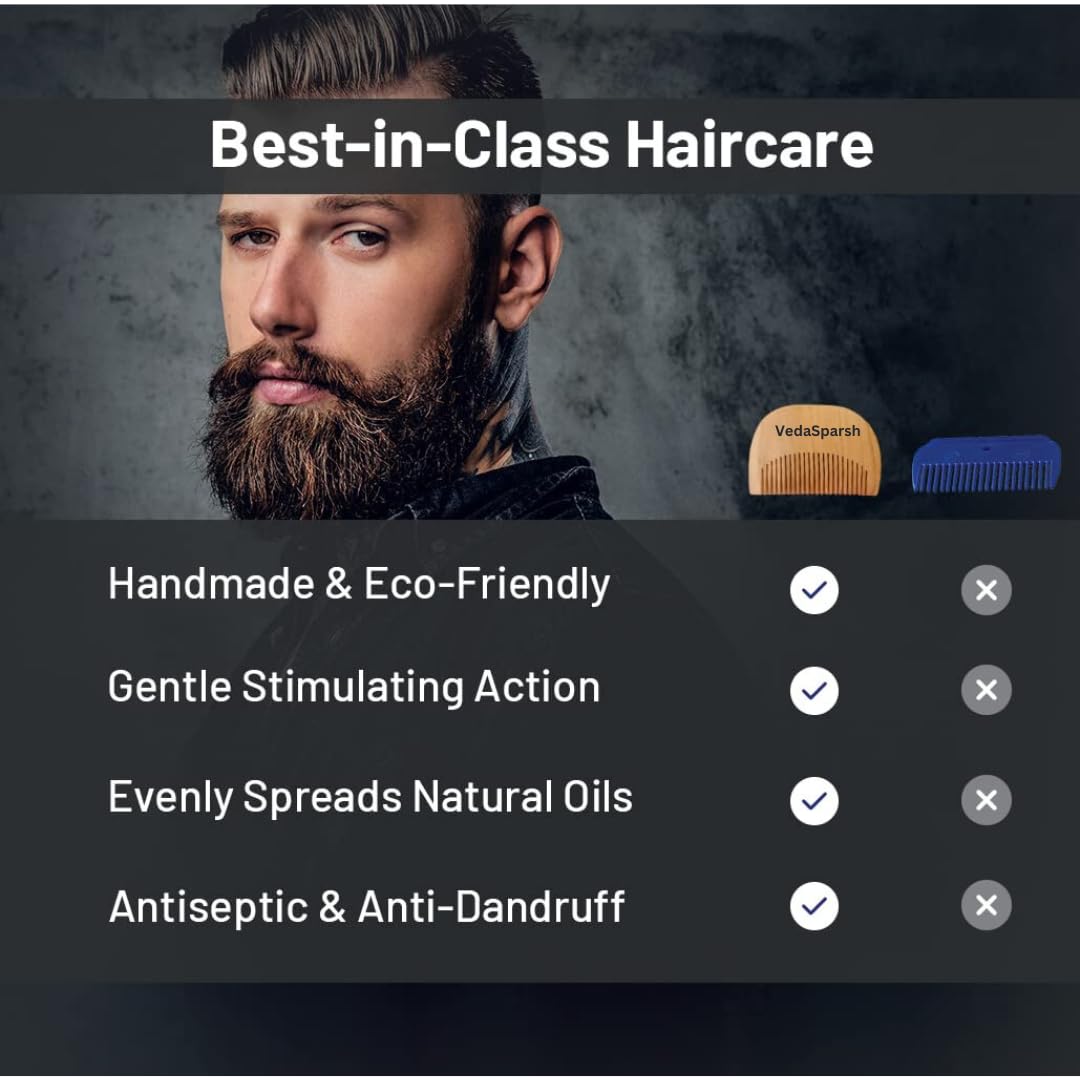 VedaSparsh Kachhi Neem Wood Beard Comb, Moustache Shaping and Styling Pocket Comb for Men. Helps Hair Blood Circulation & Growth | avoid Hair Pulling, Static Electricity, Itchy Scalp & Oil Build-Up-1