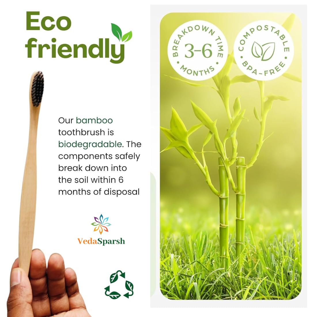 VedaSparsh Bamboo Toothbrushes, Charcoal Soft Bristles, Flat Handle, Pack of 4, Better Grip, BPA Free, for Adults & Kids, Nylon Free, Organic Natural, Antibacterial & Biodegradable