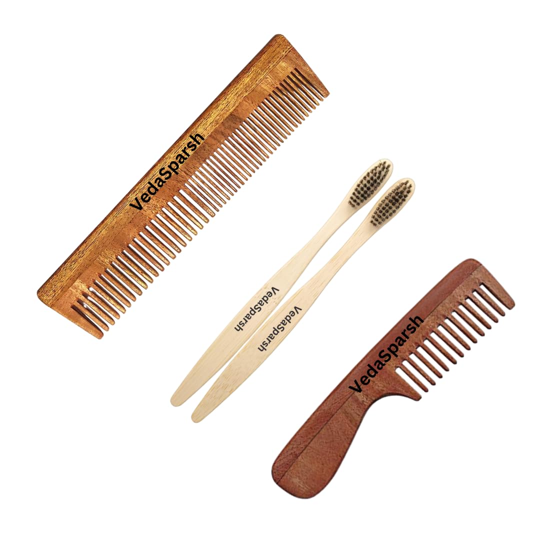 VedaSparsh Neem Combs & Bamboo Brushes Travel Kit, 1 Handle Comb, 1 Shampoo Comb, 2 Bamboo Brushes with Charcoal Bristles for Women