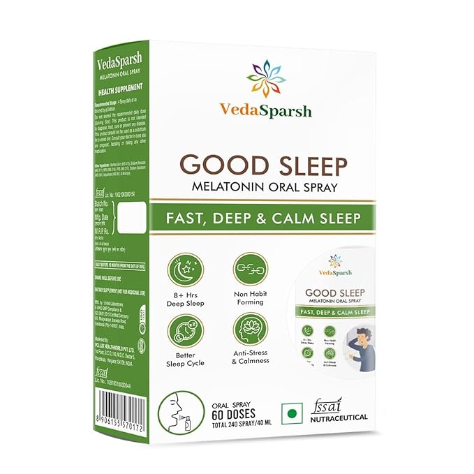 VedaSparsh Good Sleep Melatonin Oral Spray, for Fast, Deep & Calm Sleep, For Men & Women, Easy to Use, Time Saving, Faster Absorption, Mint Flavour, 240 Spray / 40 ml, 60 Doses
