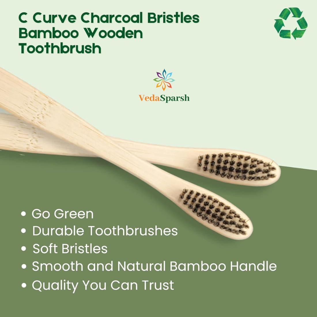 VedaSparsh Bamboo Toothbrushes, Charcoal Soft Bristles, Flat Handle, Pack of 4, Better Grip, BPA Free, for Adults & Kids, Nylon Free, Organic Natural, Antibacterial & Biodegradable