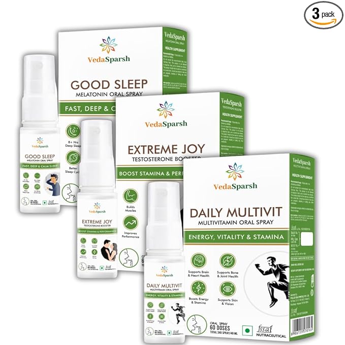 VedaSparsh Multivit Multivitamin with Good Sleep and Testosterone Booster Oral Spray- Pack of 3