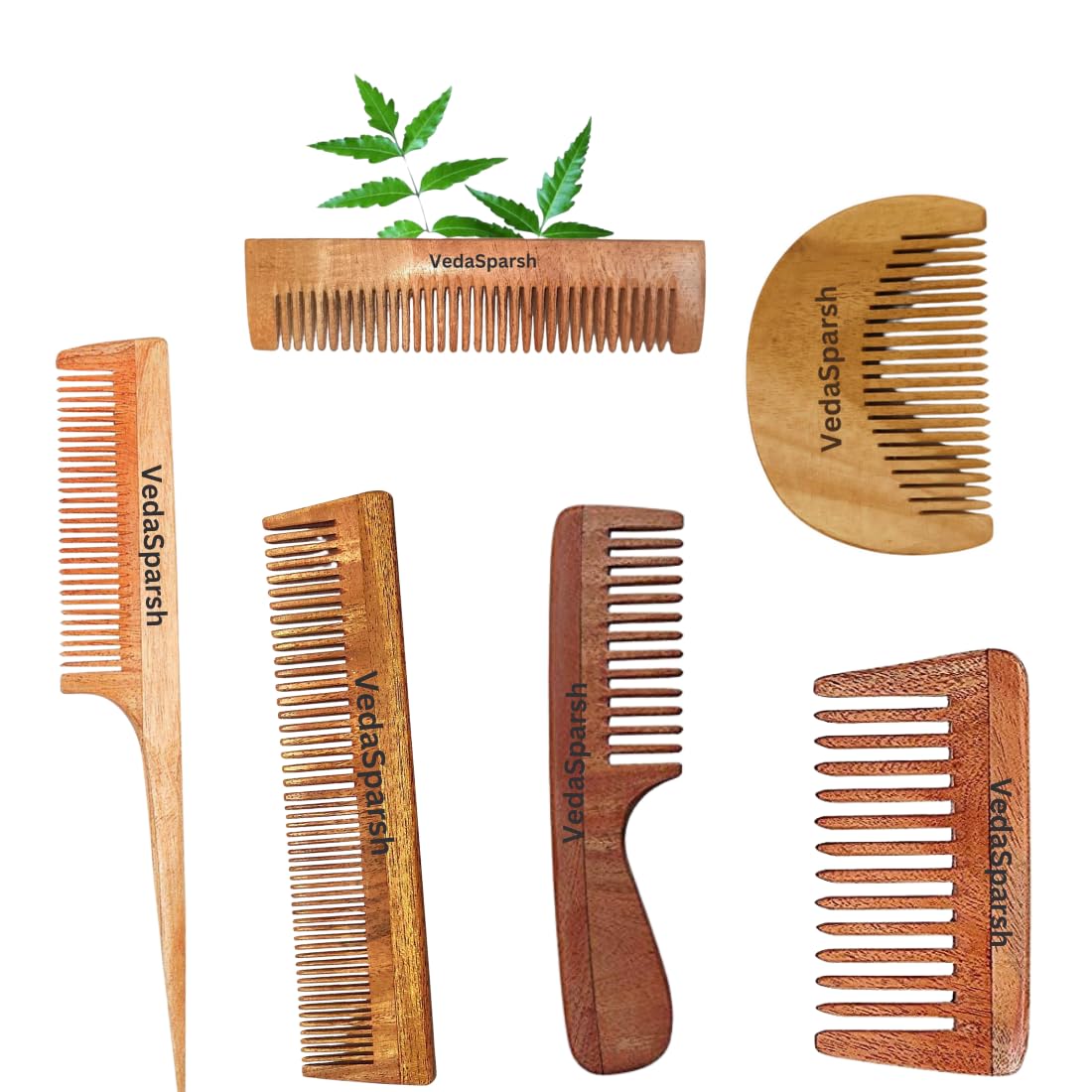 VedaSparsh-Nature's Secret Kachhi Neem Comb Treated with Neem Oil, Bhringraj & Soaked in 18 Other Hair Health Herbs- Set of 6- For both Men & Women-Dandruff & Itchiness Control, Induces Good Sleep
