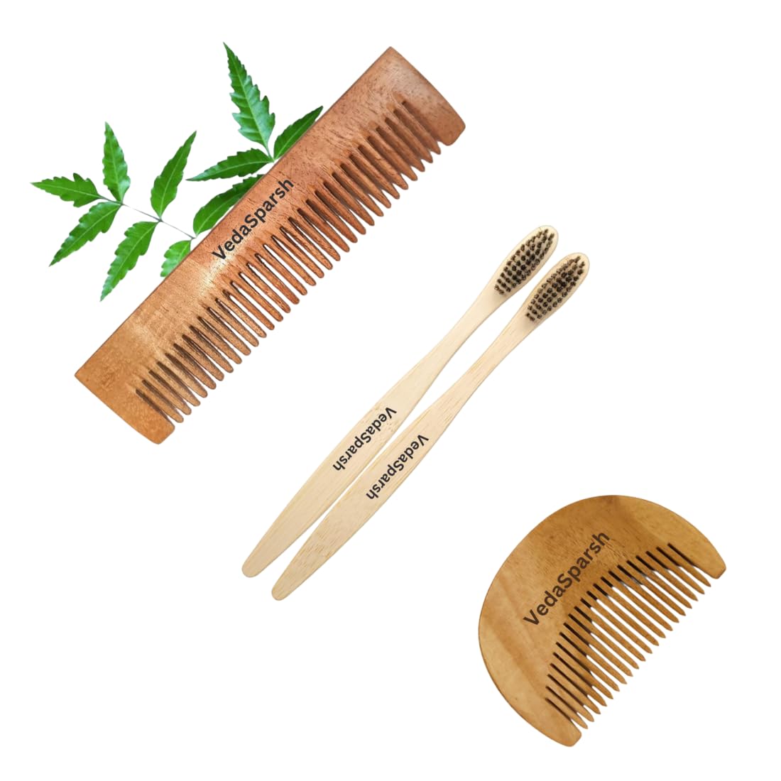 VedaSparsh Neem Combs & Bamboo Brushes Travel Kit - 1 Pocket Comb, 1 Beard Comb, 2 Bamboo Brushes with Charcoal Bristles for Men