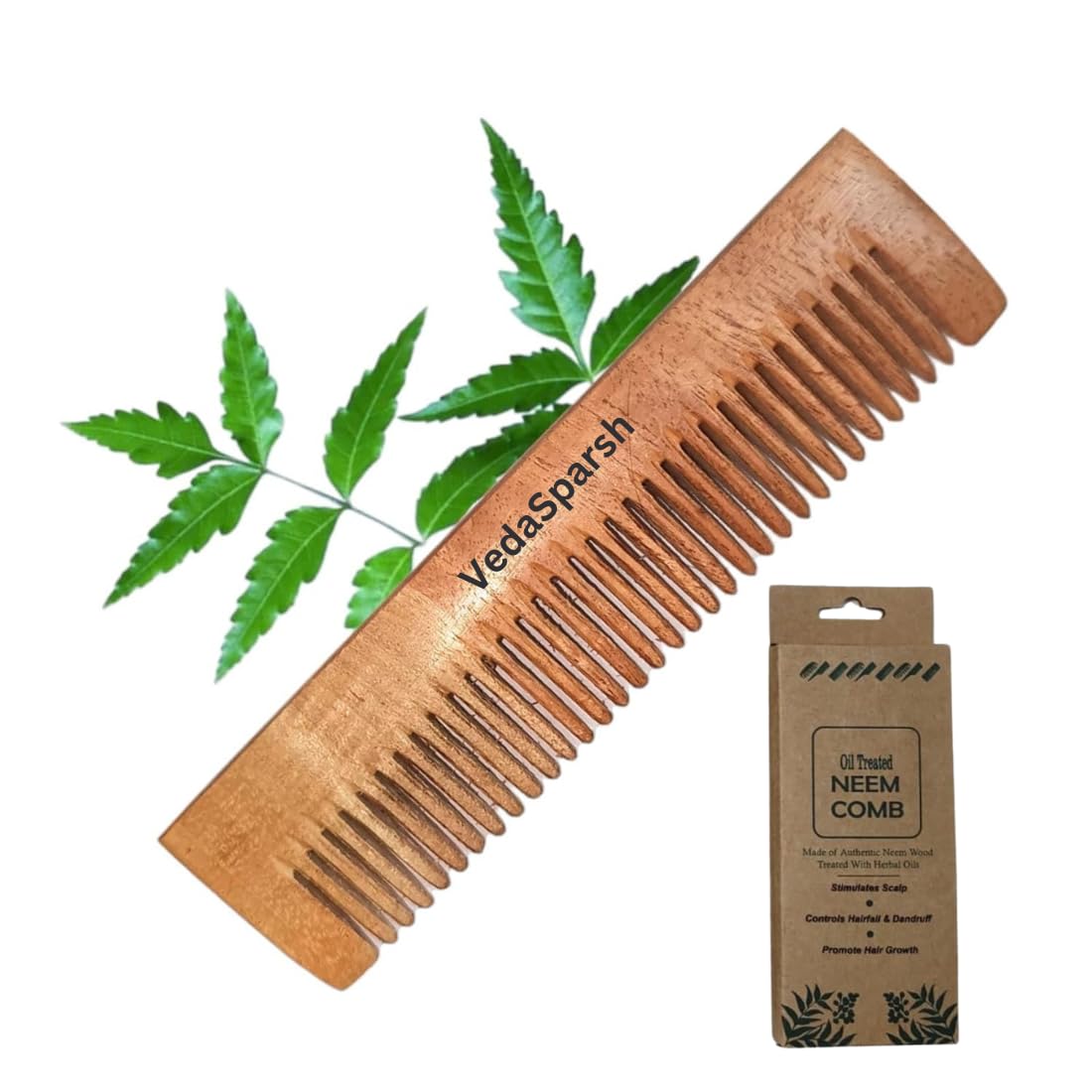 VedaSparsh-Nature's Secret Kachhi Neem Comb Treated with Neem Oil, Bhringraj & Soaked in 18 Other Hair Health Herbs- Set of 6- For both Men & Women-Dandruff & Itchiness Control, Induces Good Sleep