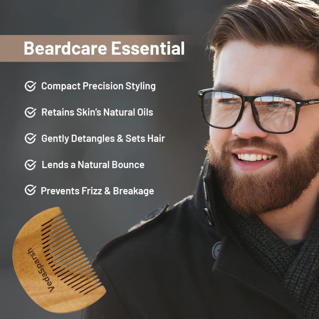 VedaSparsh Kachhi Neem Wood Beard Comb, Moustache Shaping and Styling Pocket Comb for Men. Helps Hair Blood Circulation & Growth | avoid Hair Pulling, Static Electricity, Itchy Scalp & Oil Build-Up-1