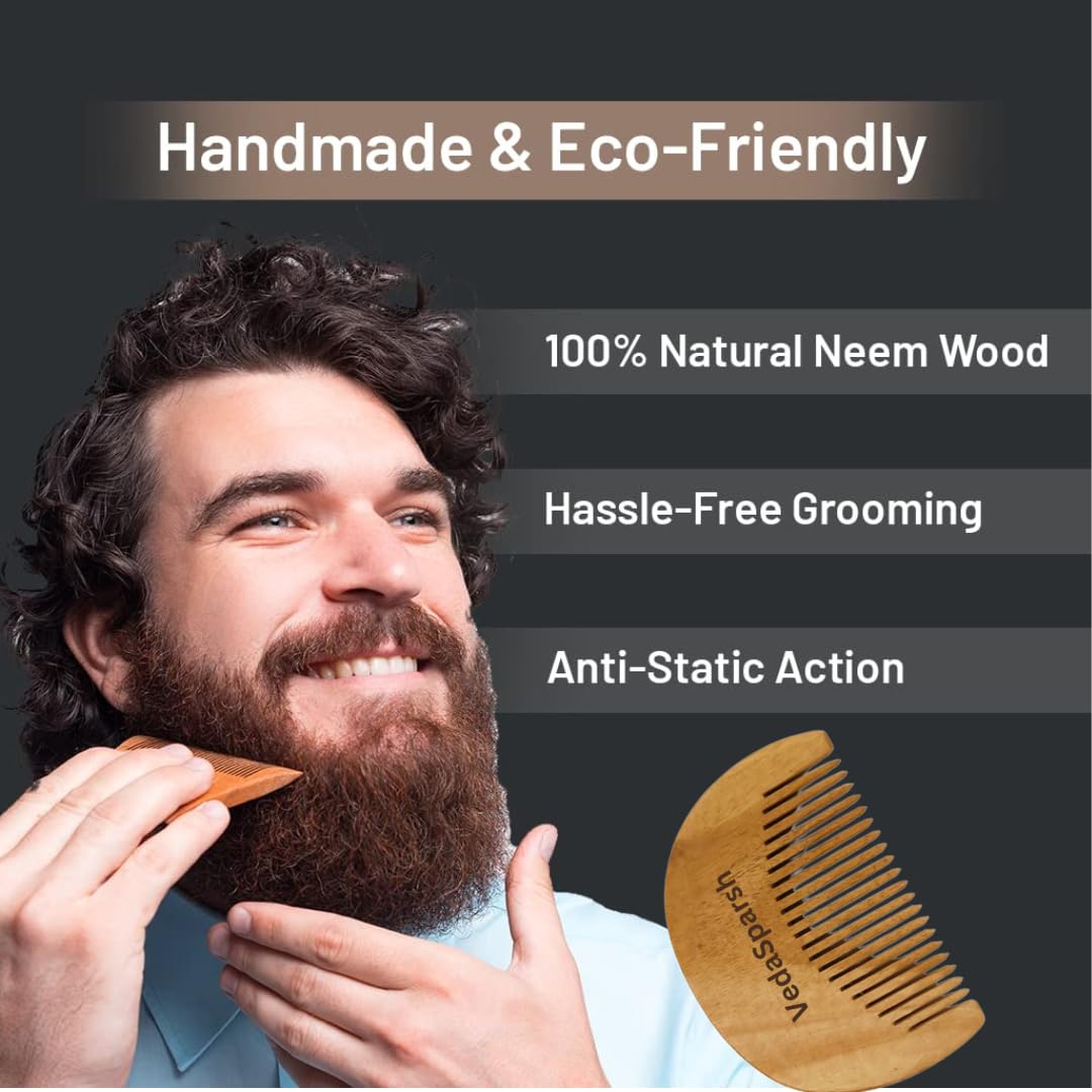 VedaSparsh Kachhi Neem Wood Beard Comb, Moustache Shaping and Styling Pocket Comb for Men. Helps Hair Blood Circulation & Growth | avoid Hair Pulling, Static Electricity, Itchy Scalp & Oil Build-Up-1