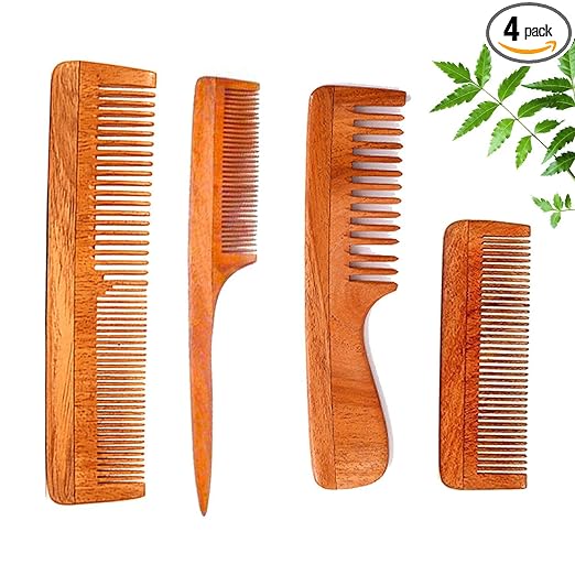 VedaSparsh-Nature's Secret Kachhi Neem Comb Treated with Neem Oil, Bhringraj & Soaked in 18 Other Hair Health Herbs- Set of 4- For both Men & Women-Dandruff & Itchiness Control, Induces Good Sleep