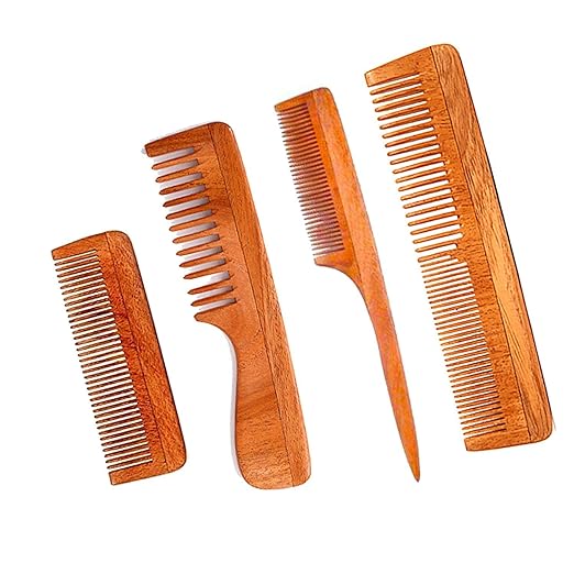 VedaSparsh-Nature's Secret Kachhi Neem Comb Treated with Neem Oil, Bhringraj & Soaked in 18 Other Hair Health Herbs- Set of 4- For both Men & Women-Dandruff & Itchiness Control, Induces Good Sleep