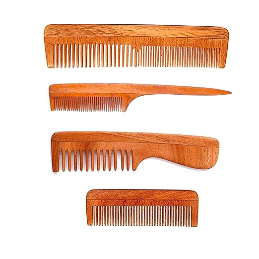 VedaSparsh-Nature's Secret Kachhi Neem Comb Treated with Neem Oil, Bhringraj & Soaked in 18 Other Hair Health Herbs- Set of 4- For both Men & Women-Dandruff & Itchiness Control, Induces Good Sleep