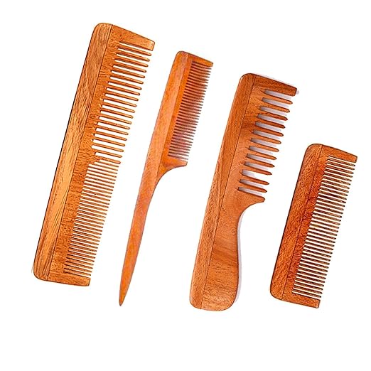 VedaSparsh-Nature's Secret Kachhi Neem Comb Treated with Neem Oil, Bhringraj & Soaked in 18 Other Hair Health Herbs- Set of 4- For both Men & Women-Dandruff & Itchiness Control, Induces Good Sleep
