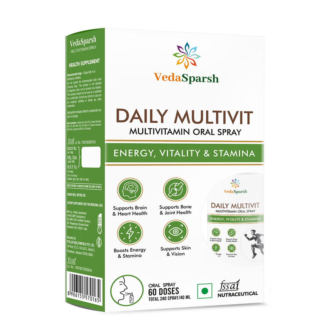 VedaSparsh Daily Multivit Multivitamin Daily Oral Spray to Boost Strength, Energy, Immunity & Stamina, Easy to Use, Time Saving, Faster Absorption, Orange Flavour- 240 Spray / 40 ml, 60 Doses