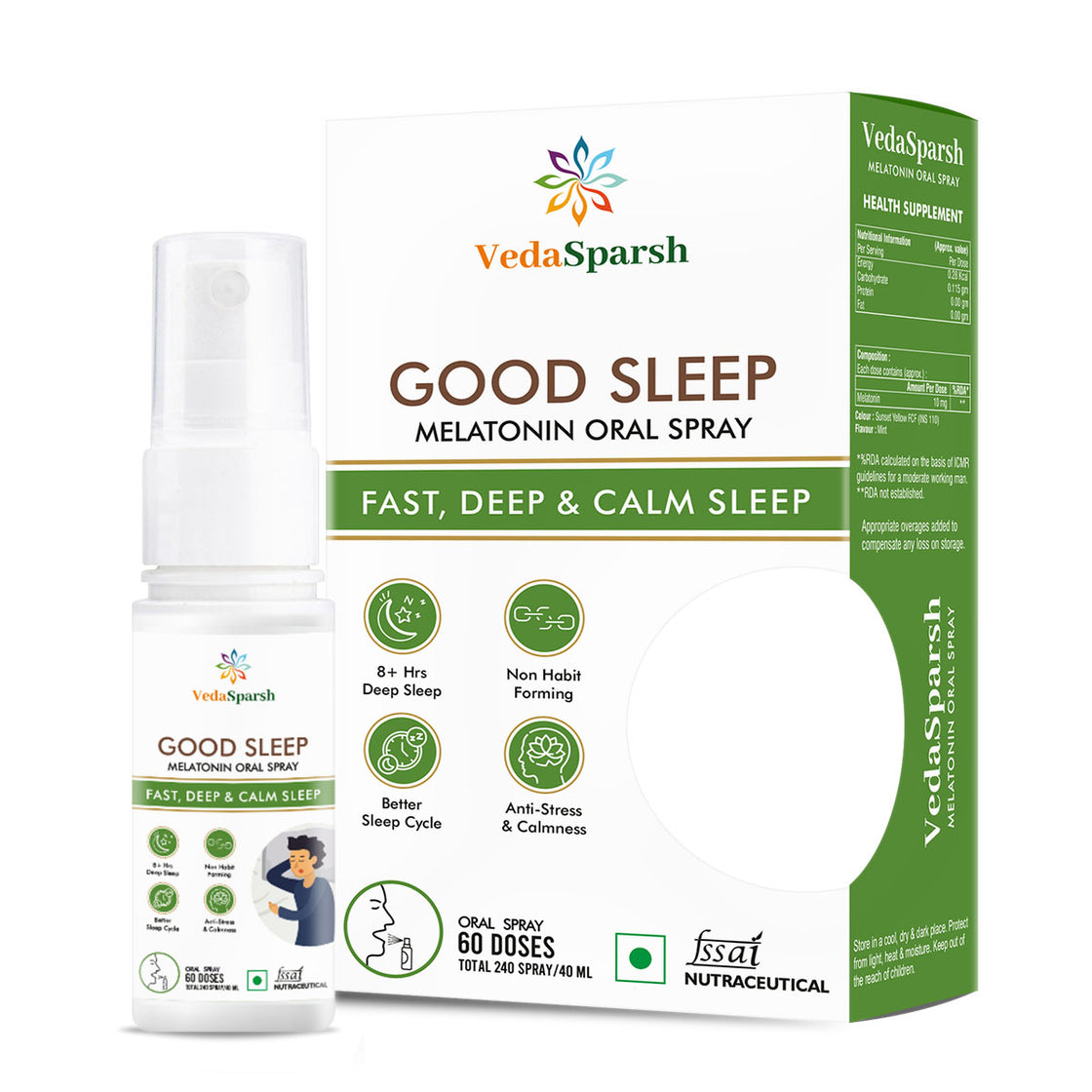 VedaSparsh Good Sleep Melatonin Oral Spray, for Fast, Deep & Calm Sleep, For Men & Women, Easy to Use, Time Saving, Faster Absorption, Mint Flavour, 240 Spray / 40 ml, 60 Doses