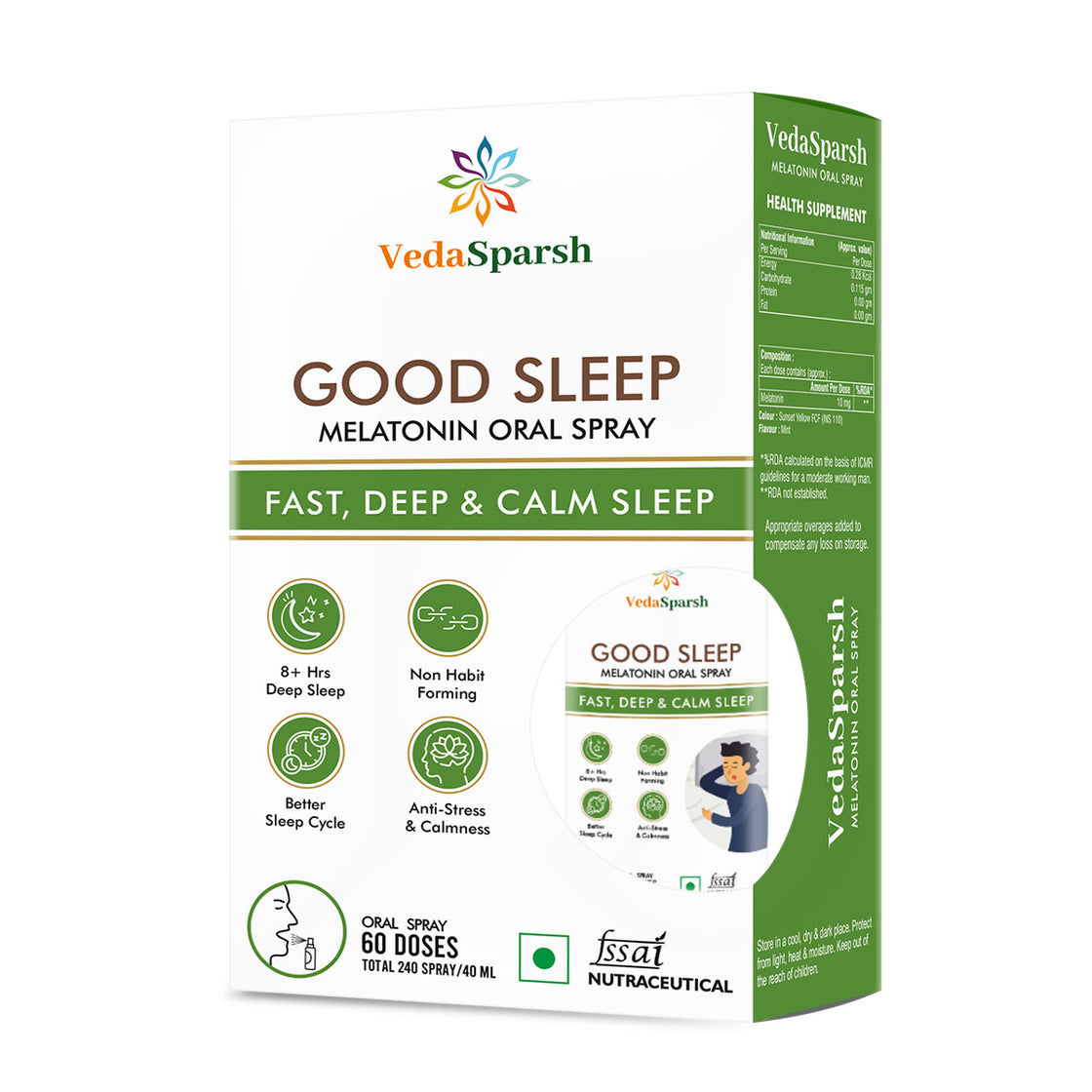 VedaSparsh Good Sleep Melatonin Oral Spray, for Fast, Deep & Calm Sleep, For Men & Women, Easy to Use, Time Saving, Faster Absorption, Mint Flavour, 240 Spray / 40 ml, 60 Doses