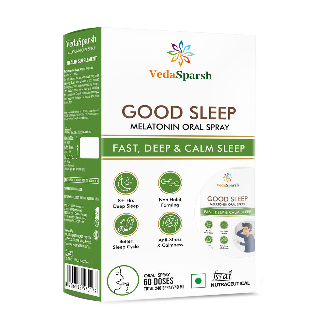 VedaSparsh Good Sleep Melatonin Oral Spray, for Fast, Deep & Calm Sleep, For Men & Women, Easy to Use, Time Saving, Faster Absorption, Mint Flavour, 240 Spray / 40 ml, 60 Doses