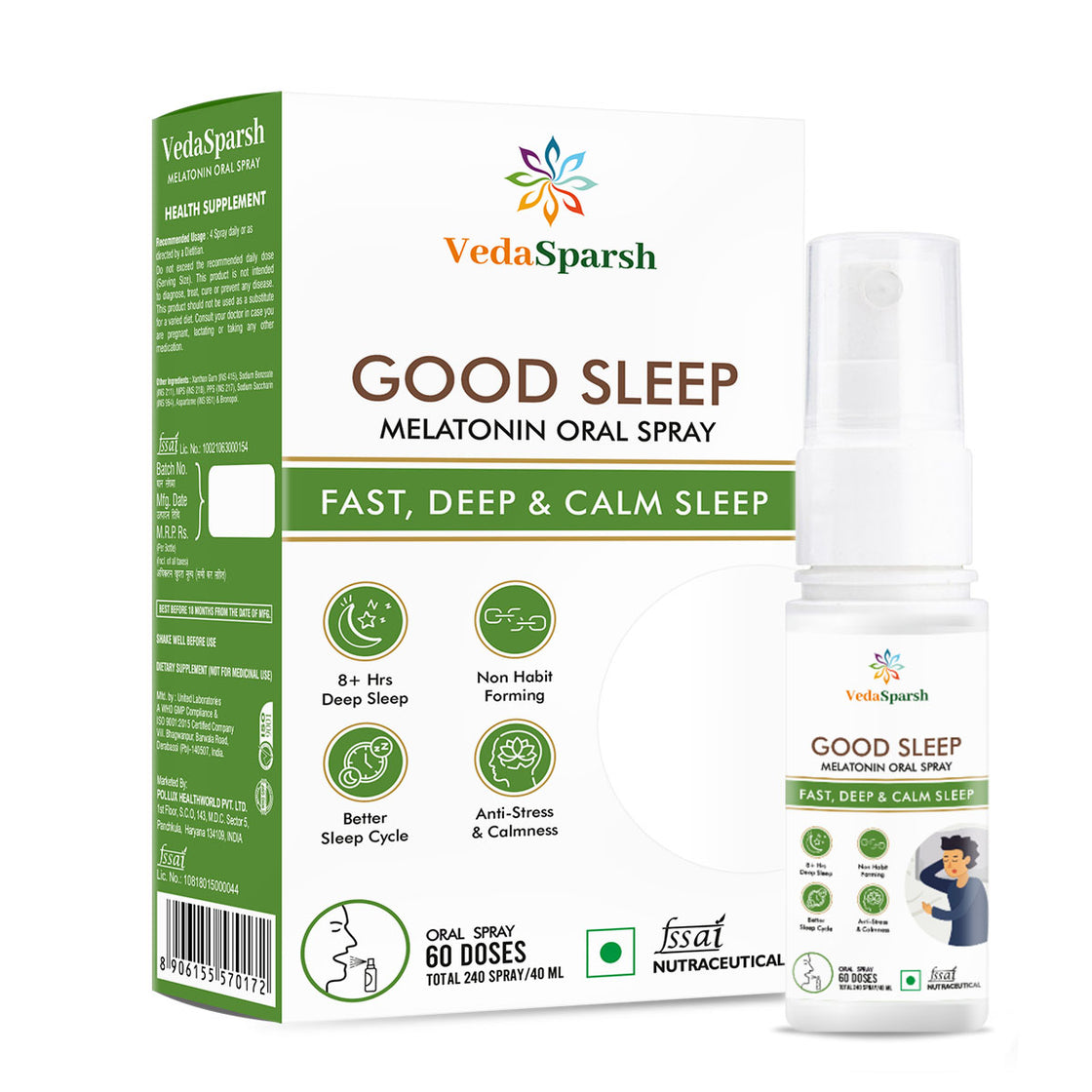 VedaSparsh Good Sleep Melatonin Oral Spray, for Fast, Deep & Calm Sleep, For Men & Women, Easy to Use, Time Saving, Faster Absorption, Mint Flavour, 240 Spray / 40 ml, 60 Doses