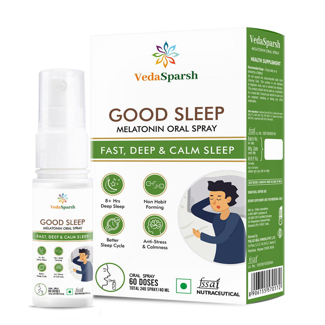 VedaSparsh Good Sleep Melatonin Oral Spray, for Fast, Deep & Calm Sleep, For Men & Women, Easy to Use, Time Saving, Faster Absorption, Mint Flavour, 240 Spray / 40 ml, 60 Doses
