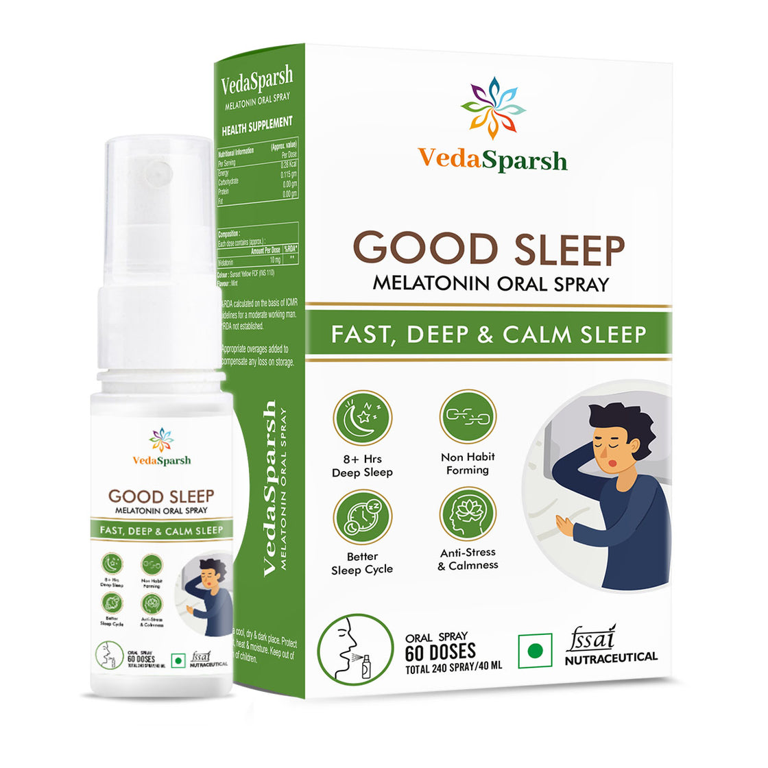 VedaSparsh Good Sleep Melatonin Oral Spray, for Fast, Deep & Calm Sleep, For Men & Women, Easy to Use, Time Saving, Faster Absorption, Mint Flavour, 240 Spray / 40 ml, 60 Doses
