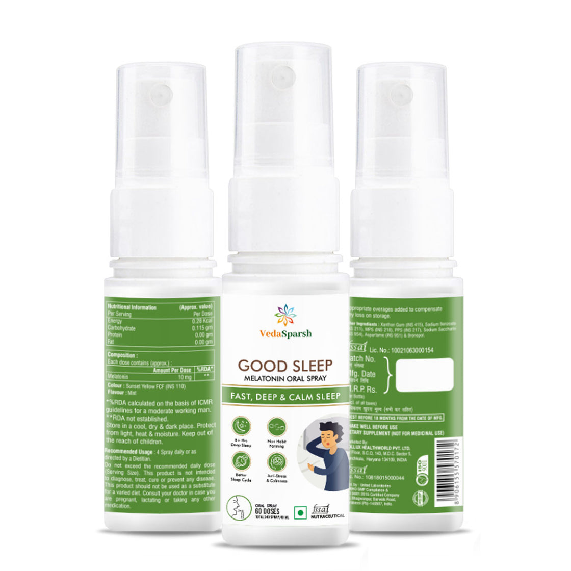 VedaSparsh Good Sleep Melatonin Oral Spray, for Fast, Deep & Calm Sleep, For Men & Women, Easy to Use, Time Saving, Faster Absorption, Mint Flavour, 240 Spray / 40 ml, 60 Doses