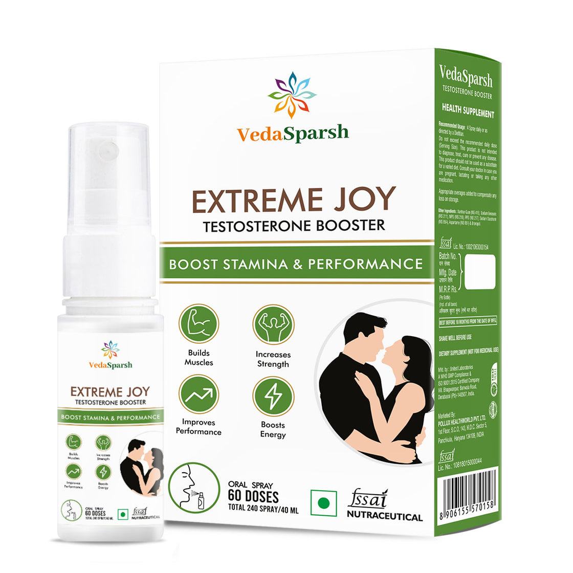 VedaSparsh Extreme Joy Testosterone Booster Oral Spray, For Men Performance, Energy, Stamina & Strength, Easy to Use, Time Saving, Faster Absorption, Mix Fruit Flavour, 240 Spray / 40 ml, 60 Doses