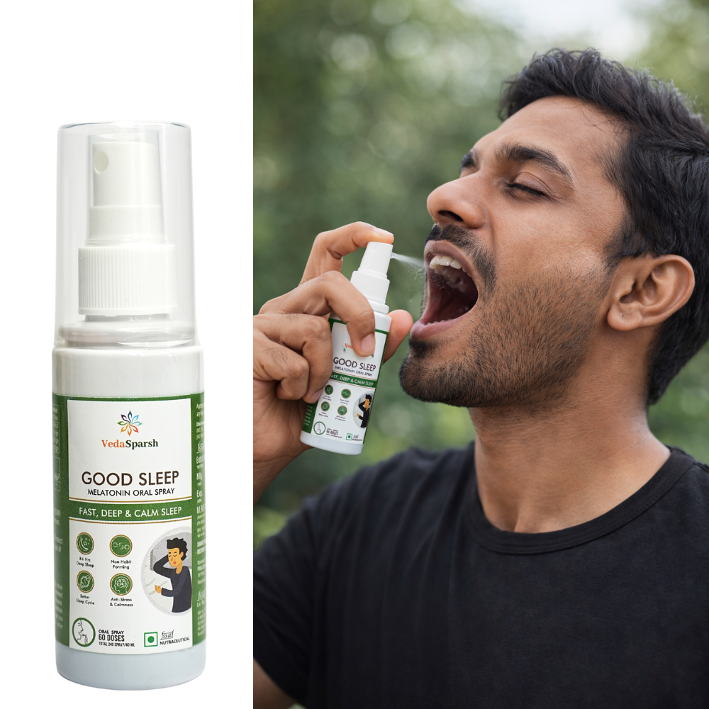 VedaSparsh Good Sleep Melatonin Oral Spray, for Fast, Deep & Calm Sleep, For Men & Women, Easy to Use, Time Saving, Faster Absorption, Mint Flavour, 240 Spray / 40 ml, 60 Doses