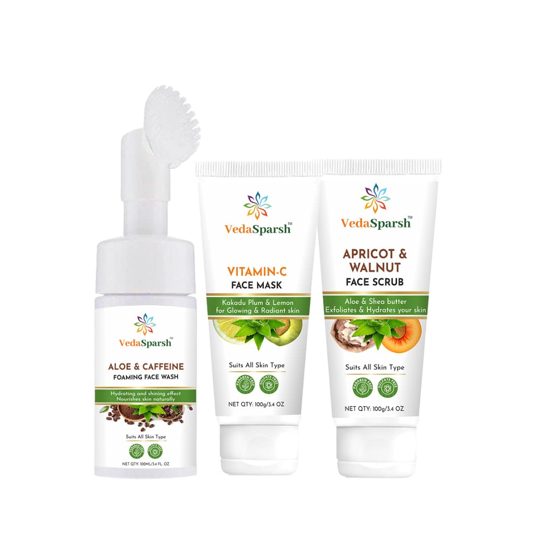 VedaSparsh Bridal Facial Kit Combo ( Aloe & Caffeine Foaming Face Wash, Vitamin C Face Mask, Apricot & Walnut Face Scrub)