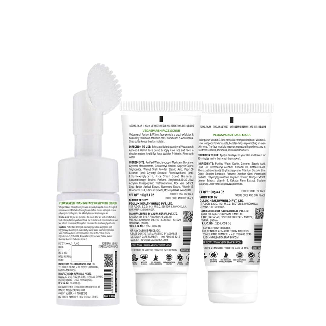 VedaSparsh Bridal Facial Kit Combo ( Aloe & Caffeine Foaming Face Wash, Vitamin C Face Mask, Apricot & Walnut Face Scrub)