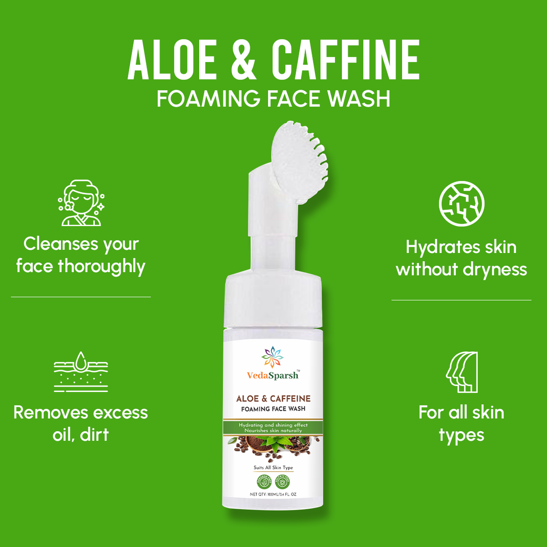 VedaSparsh Aloe And Caffeine Foaming Face Wash With Brush, 100 ml