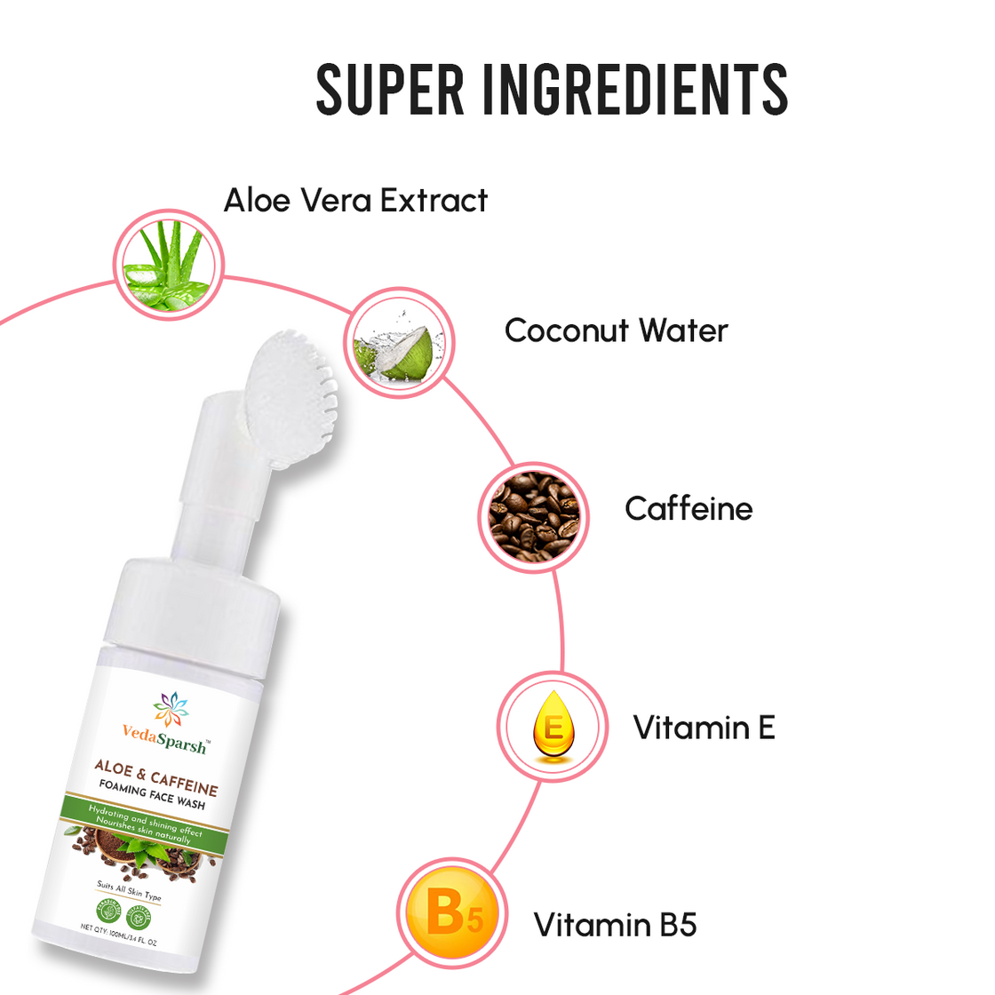 VedaSparsh Aloe And Caffeine Foaming Face Wash With Brush, 100 ml